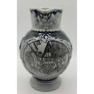 German Small Stoneware Pitcher HandCrafted HandPainted Gray and Cobalt Blue